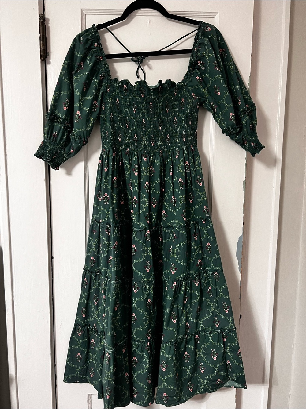 Hill House Green Floral Smocked Midi Dress with Puff Sleeves